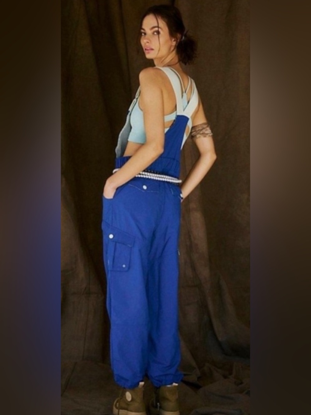 $168 MSRP Free People Movement Blue Morning Meadow/ Utility Cargo Overalls - Picture 2 of 4